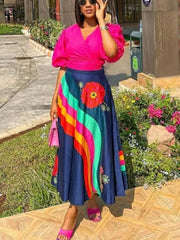 Ingvn - Summer Dresses for Women 2 Piece Outfits Pink Puff Sleeve Wrapped Tops and Midi Printed Swing Skirt Casual Festival Clothing