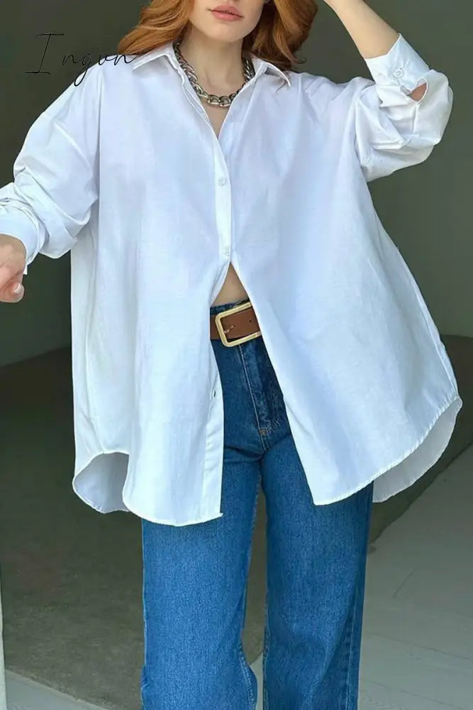 Ingvn - Street Solid Buttons Slit Turndown Collar Tops