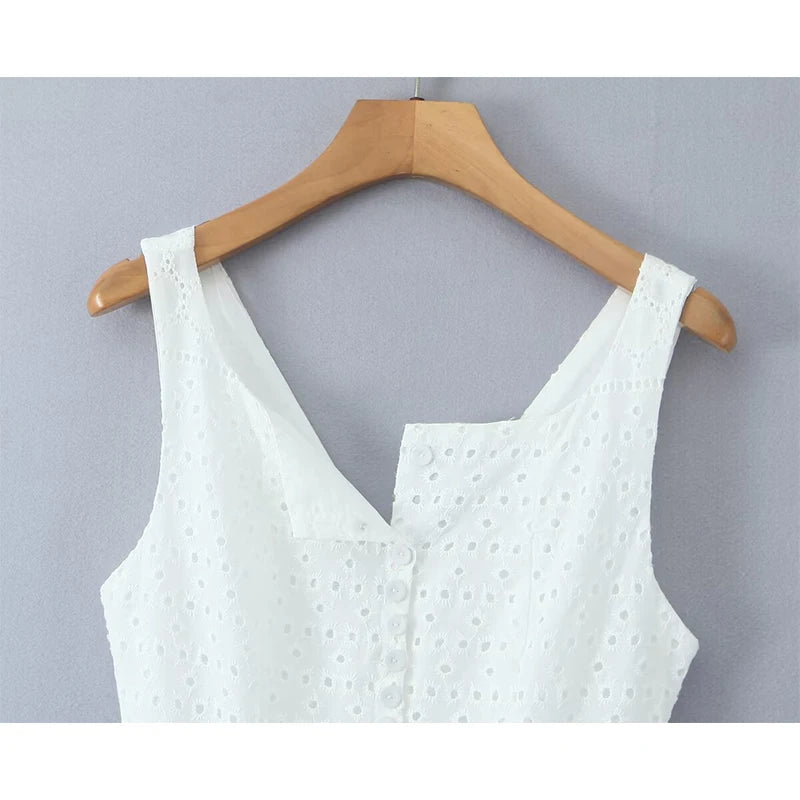 Front Button Hollow Out Embroidery White Tank Dress For Women Sleeveless Low Waist A-line Mini Holiday Summer Dresses