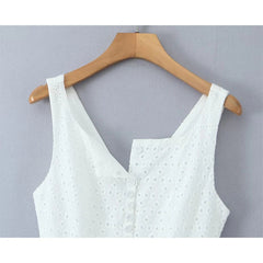Front Button Hollow Out Embroidery White Tank Dress For Women Sleeveless Low Waist A-line Mini Holiday Summer Dresses