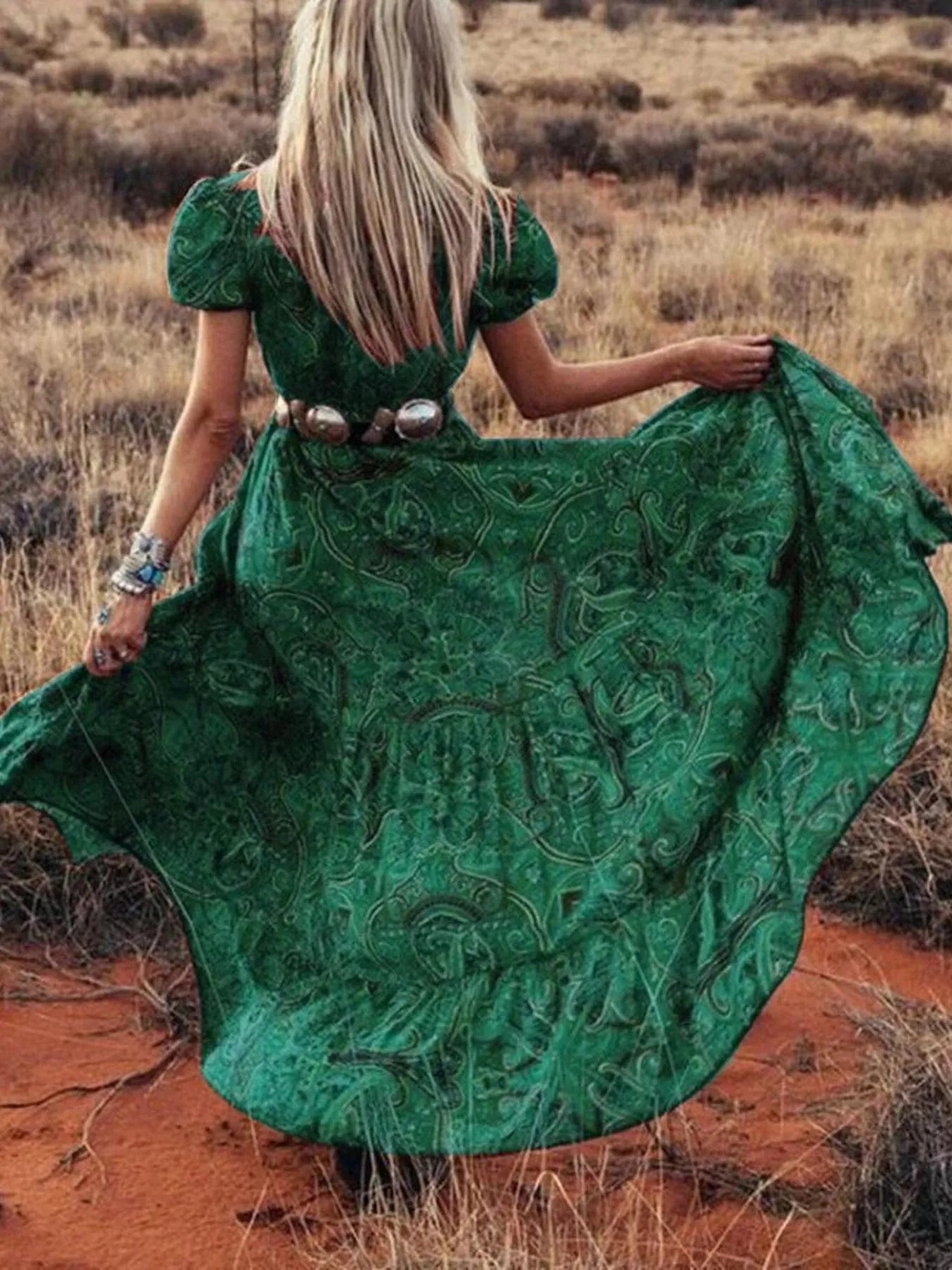 Full Size Printed Puff Sleeve Maxi Dress Plus Size