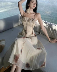 Elegant Ruffles Floral Midi Dresses Summer New Fashion Spaghetti Strap A-line Beach Vestidos Women Holiday Sundress Clothing