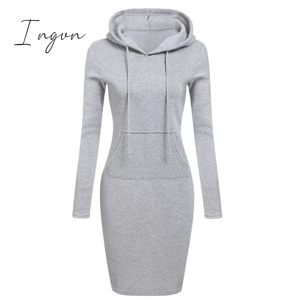 Ingvn - Autumn And Winter Hoodie Dress Elegant Long Sleeve Pocket Combining Casual Women's Midi Dresses
