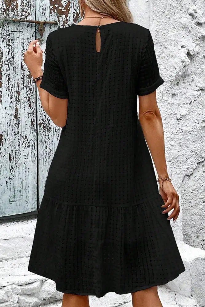 Ingvn - Casual Simplicity Solid Hollowed Out O Neck A Line Short Sleeve Dress