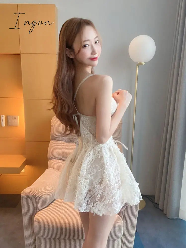 Ingvn - Backless Dress Women Lace Sexy Short Embroidery Mini Y2k Push Up Dress with Flowers Korean Dress Summer Gothic Party