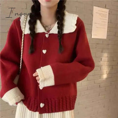Ingvn - Autumn Winter Sweet Preppy Style Knitted Sweater Casual Hit Color Long Sleeves Cute Sweater Fashion Milk White Cardigan Sweater