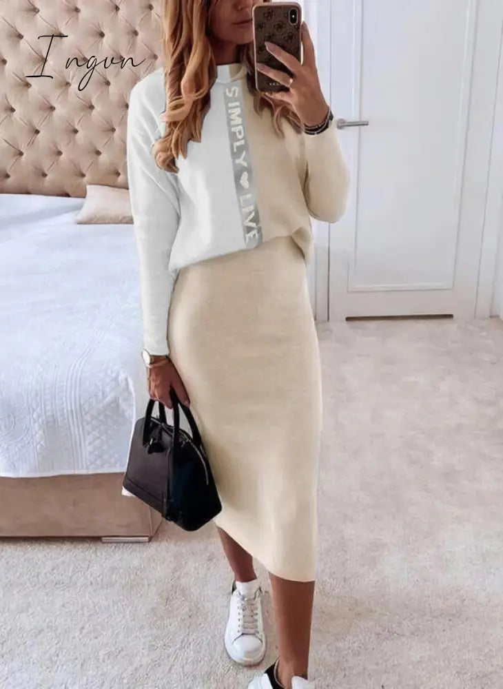 Ingvn - Casual Women 2-piece Suit Autumn Winter Half High Neck Fashion Top+ Pencil Skirt Outfit Elegant Office Ladies Set Clothes