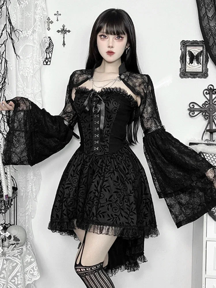 Y2K Gothic Black Lace Mesh See Through Flared Sleeve Smock Vintage Elegant Aesthetic Chains Women Fashion Tops Autumn