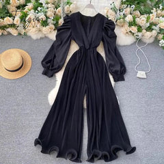 Ingvn - Spring Outfits Women Women's Sexy Pleated Romper Autumn Solid Purple/Black/White Jumpersuit Female Ruffle Wide Leg Draped Playsuits Female New