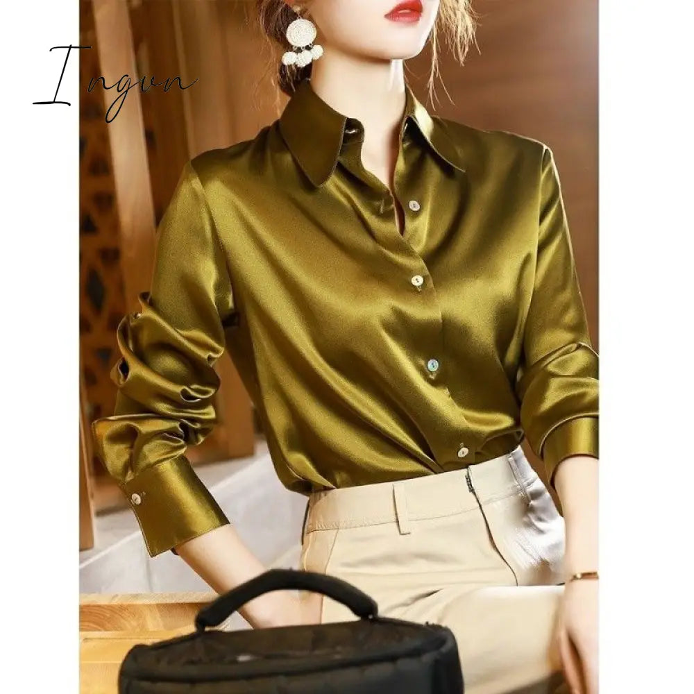 Ingvn - Brand Quality Luxury Women Shirt Elegant Office Button Up Long Sleeve Shirts Momi Silk Crepe Satin Blouses for Women Fashion Business Ladies Top