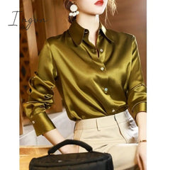 Ingvn - Brand Quality Luxury Women Shirt Elegant Office Button Up Long Sleeve Shirts Momi Silk Crepe Satin Blouses for Women Fashion Business Ladies Top