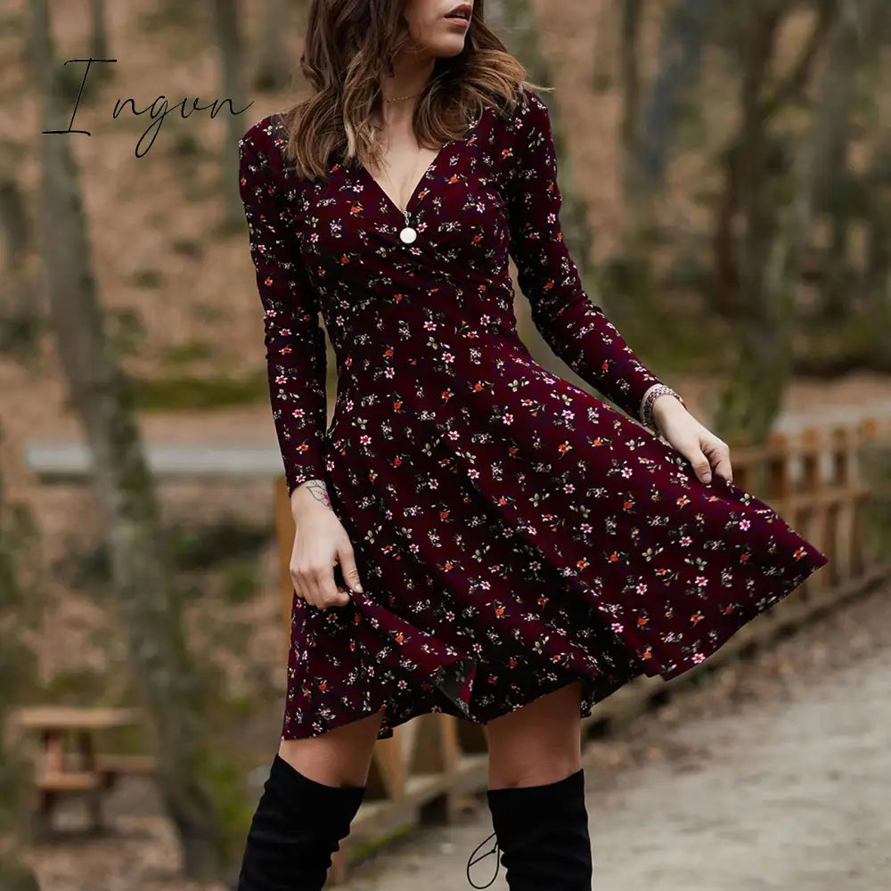 Ingvn - Spring Summer Long Sleeve V Neck Flowers Print Boho Dress Women Elegant Vintage Floral Printed Casual  Green A-line Swing Dress
