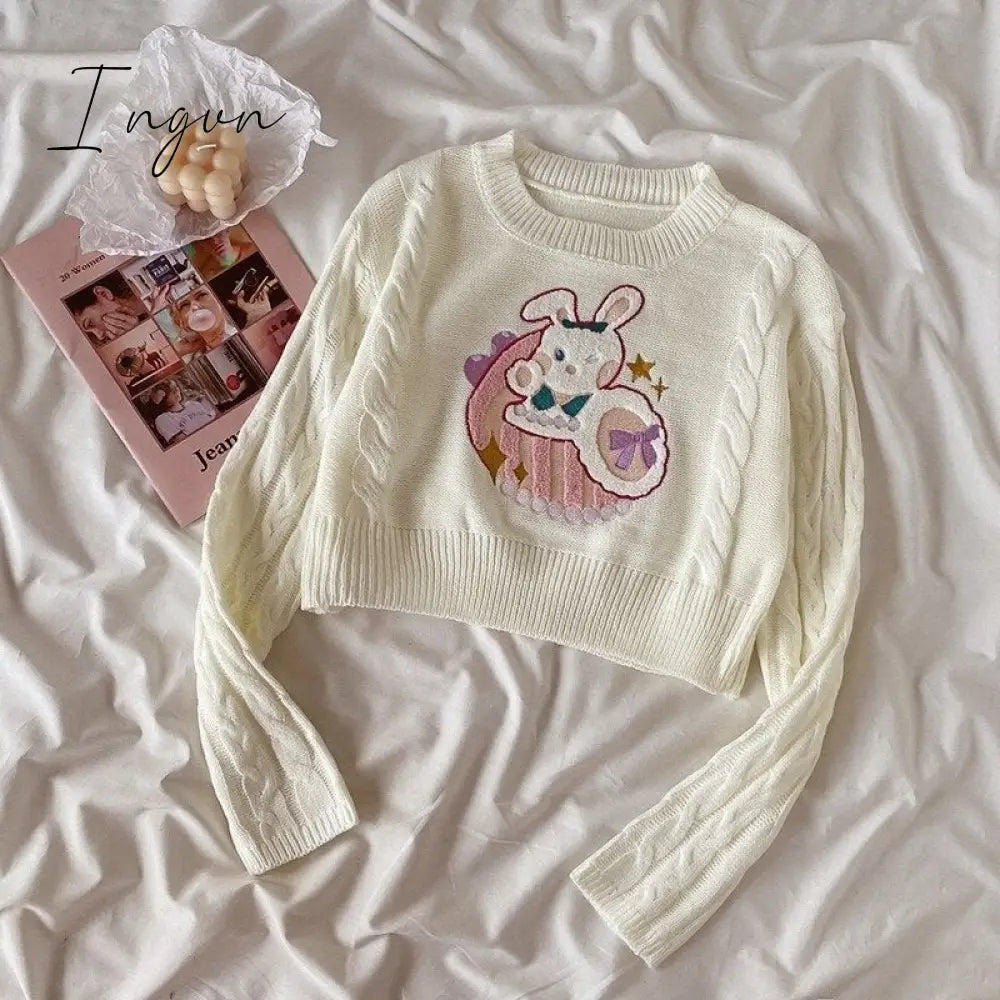 Ingvn - outfits aesthetic Autumn Winter Sweet Lolita Style Skirt Sets Japanese Girls Cute Rabbit Embroidery Kintted Sweater Skirts Spring Women 2PC Set