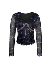 Floral Print V Neck T-Shirt, Casual Long Sleeve Lace Decor Slim Top, Women's Clothing