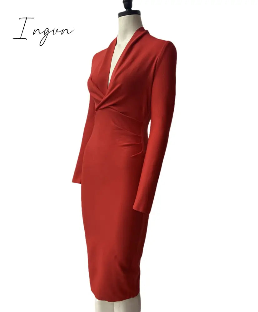 Ingvn - New Summer Deep V Neck Women Bandage Dress Full Sleeves Celebrity Bodycon Dress Sexy Club Vestidos Evening Party Dresses