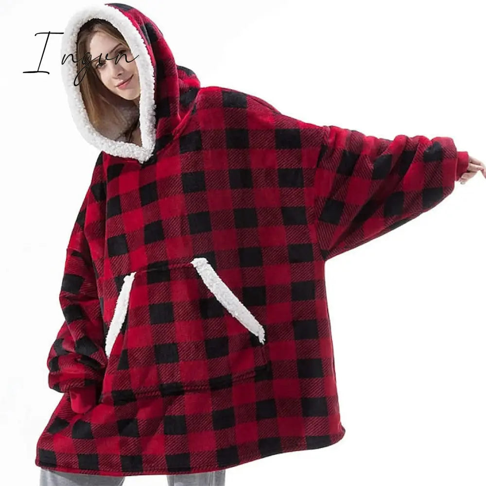 Ingvn - Women‘s Couple‘s Pajamas Nightgown Hoodie Blanket Wearable Blanket Christmas Grid / Plaid Pure Color Plush Simple Comfort Home Party Fleece Warm Gift Patchwork Pocket Fall Winter Black Gray