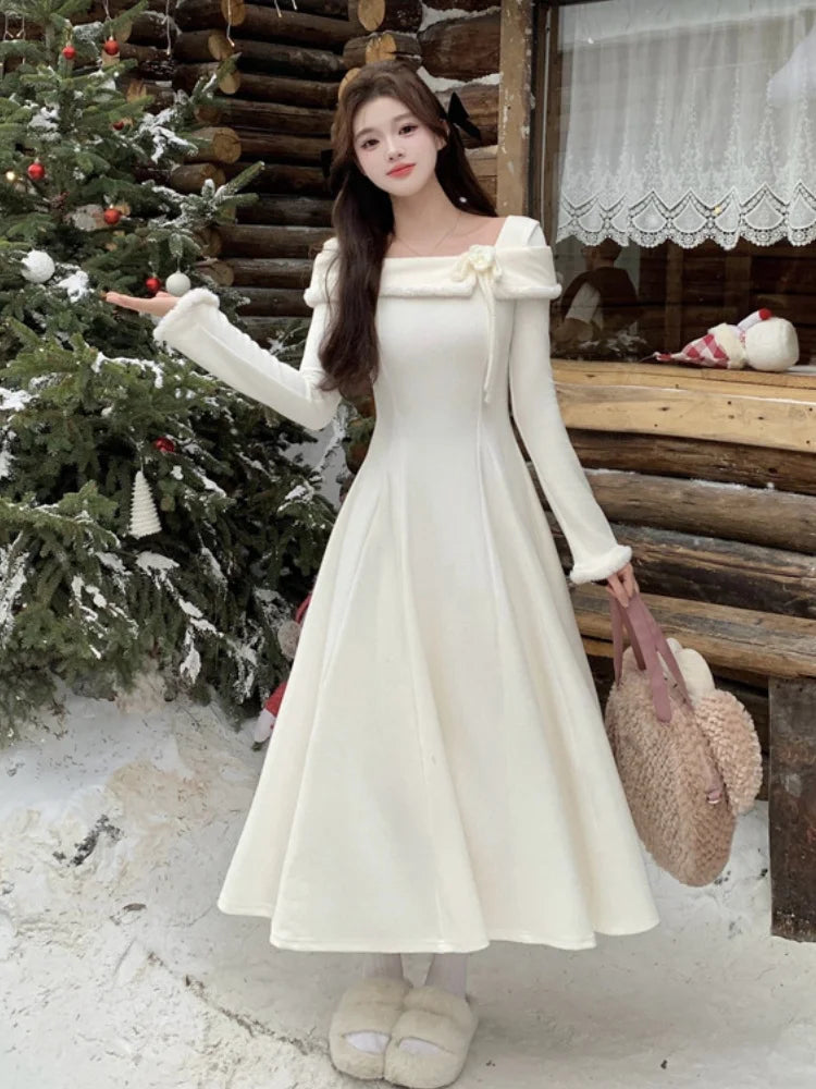 Elegant Solid Knitted Dresses for Women Korean Sweet Slash Neck Long Sleeves Princess Birthday Party Dress A-Line Vestidos Robe