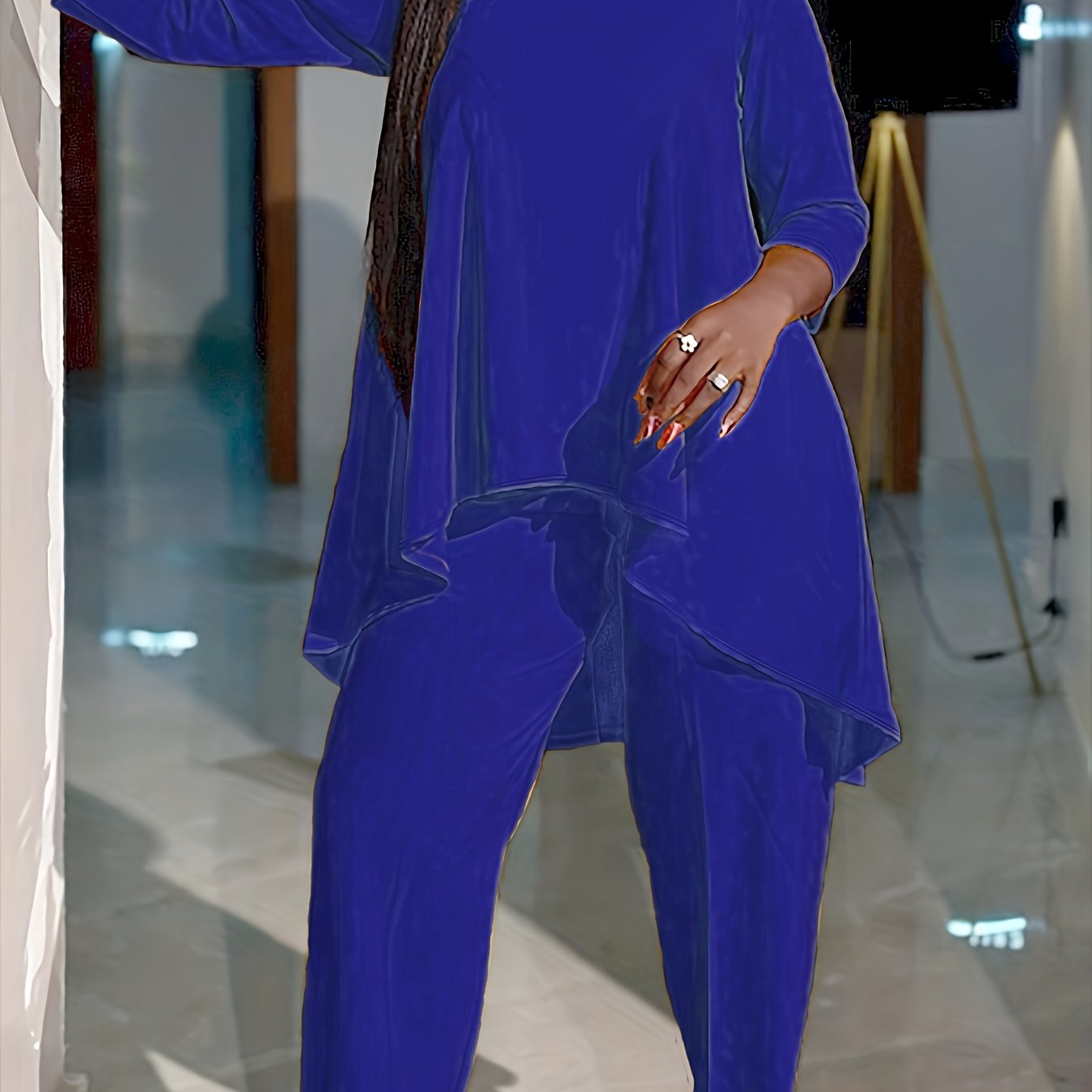 Plus Size Casual Outfits Two Piece Set, Women's Plus Solid Long Sleeve Round Neck Tunic Top & Pants Outfits 2 Piece Set