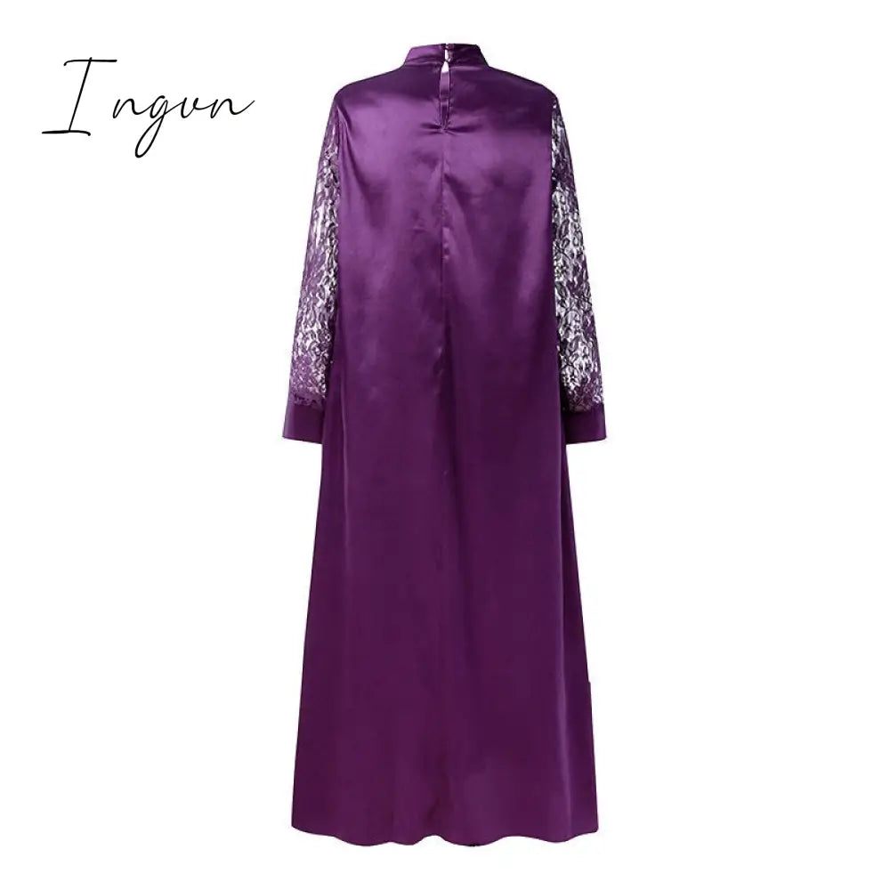 Ingvn - Summer Kaftan Party Dress Bohemian Women Long Sleeve Mock Neck Lace Patchwork Maxi Long Dress Robe Longues Oversized