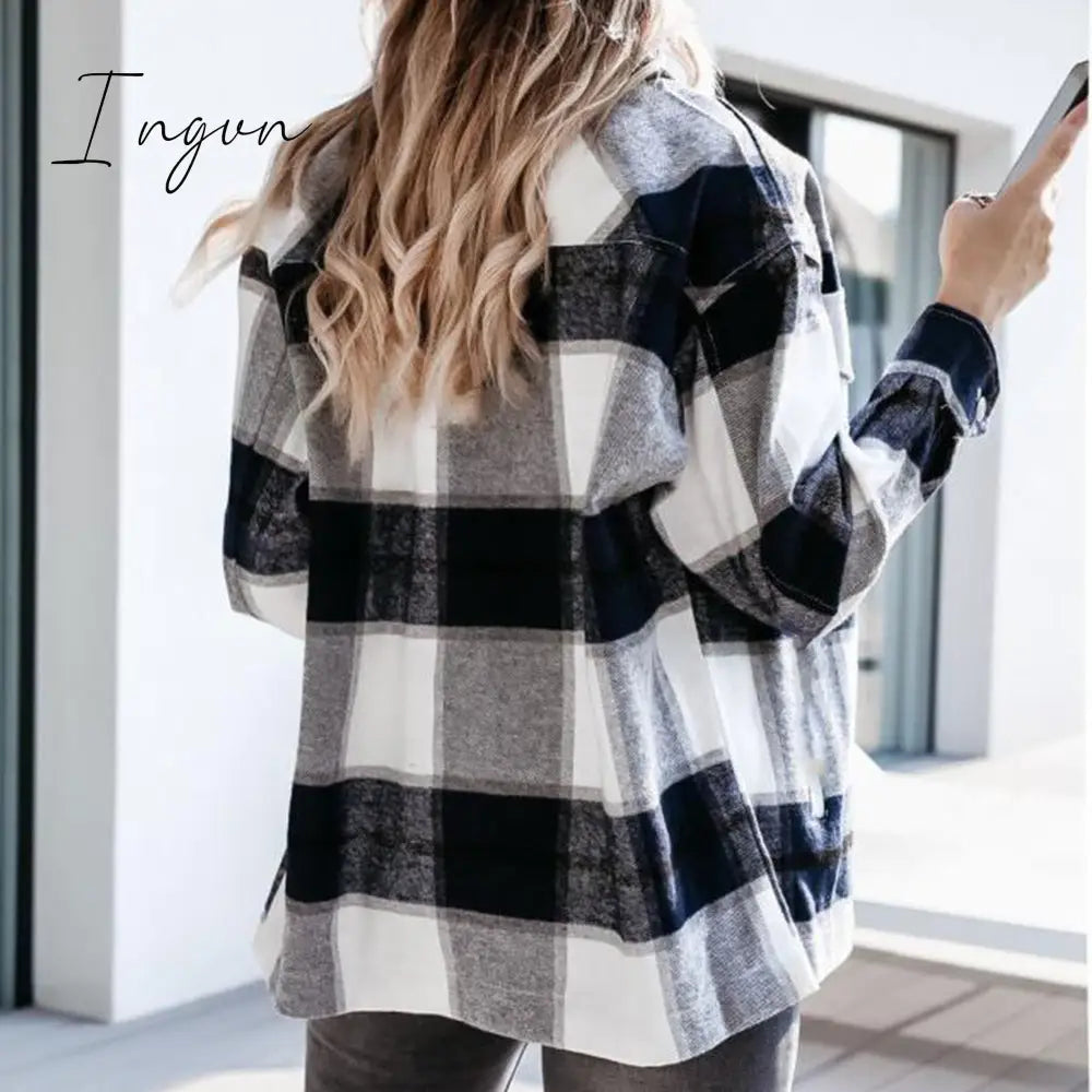 Ingvn - Shirts For Women Plaid Long Sleeve Button Up Shirt Collared Tops And Blouse Autumn Spring Fashion Loose Casual Black White