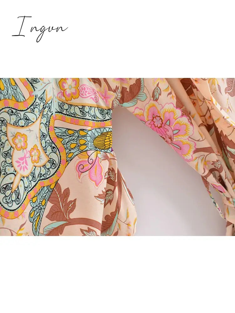 Ingvn - Vintage Peacock Floral Print Sashes Bohemian Kimono Women V Neck Batwing Sleeves Short Robe Boho Bikini Cover-ups