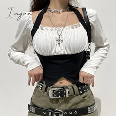 Ingvn - womens fashion gifts for women Goth Dark Fairycore Grunge Patchwork Women T-shirts Gothic Bandage Milkmaid Sexy Halter Crop Tops Long Sleeve Streetwear Clothes