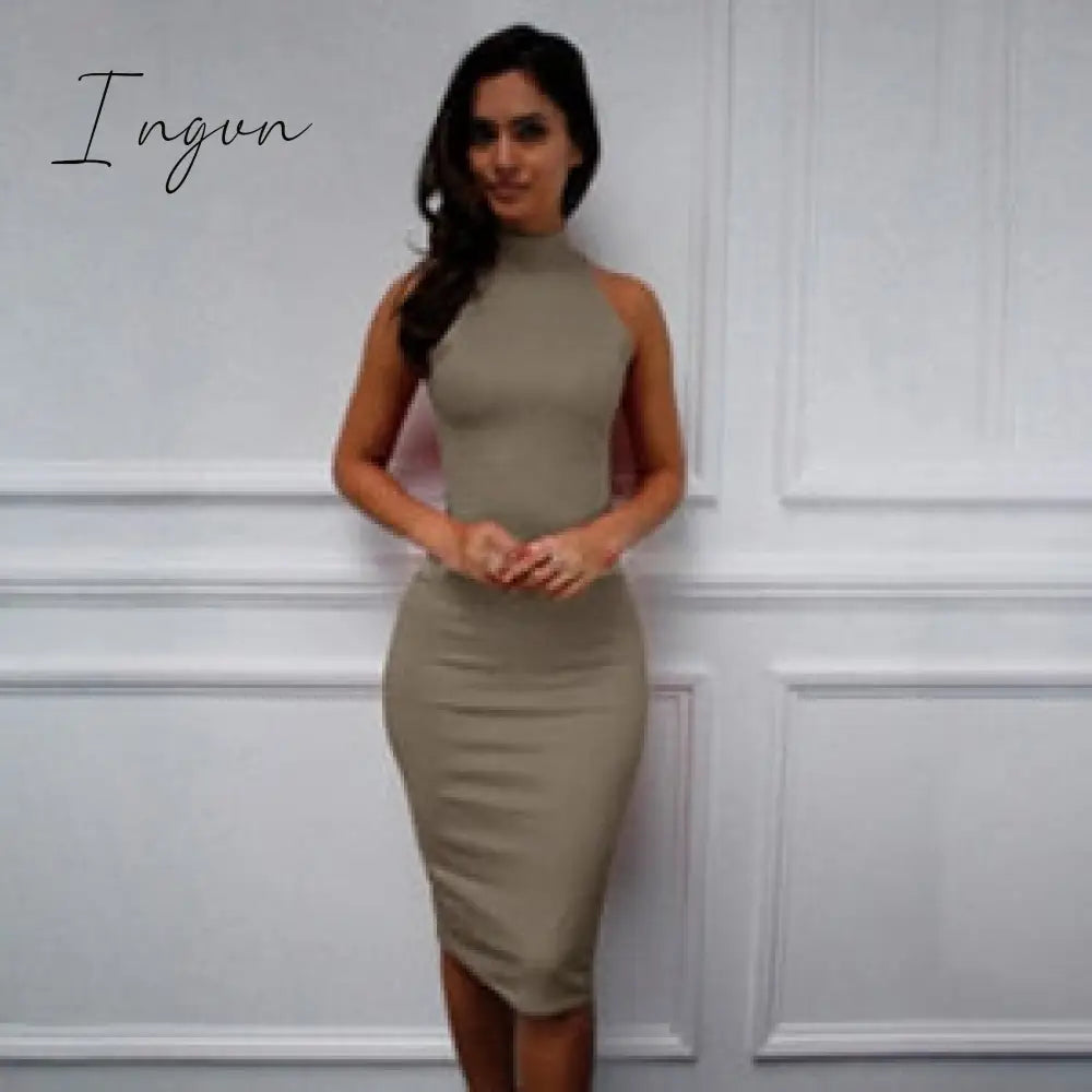 Ingvn - Spring Summer Fashion Turtleneck Sleeveless Elegant Pencil Dress Women Sexy Club Party Bodycon Bandage Slim Dress Vestido
