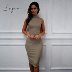 Ingvn - Spring Summer Fashion Turtleneck Sleeveless Elegant Pencil Dress Women Sexy Club Party Bodycon Bandage Slim Dress Vestido