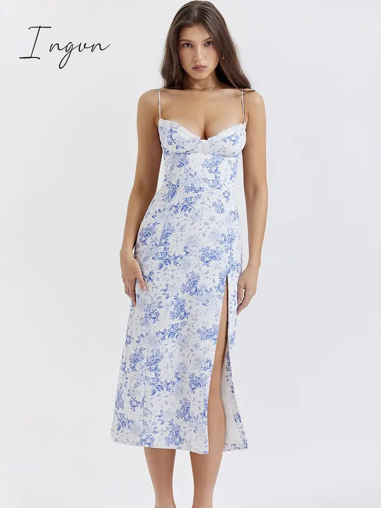 Ingvn - Elegant Blue Print Split Midi Dress Women Robe New Fashion Spaghetti Strap Sleeveless Off-shoulder Party Sexy Dress