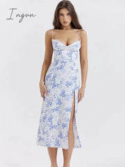 Ingvn - Elegant Blue Print Split Midi Dress Women Robe New Fashion Spaghetti Strap Sleeveless Off-shoulder Party Sexy Dress