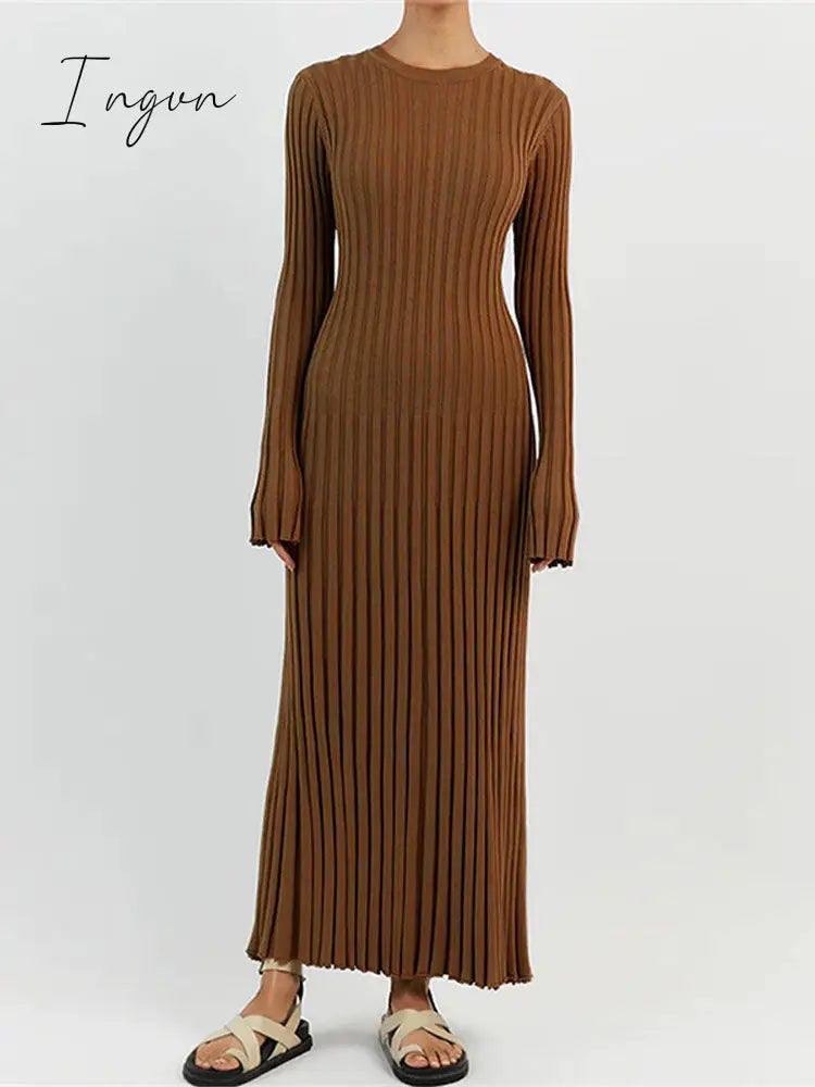 Ingvn - Solid Color Round Neck Long Sleeved Knitted Dress Women Pleated Slim White Long Robes 2023 Summer Lady Office Streetwear Vestido