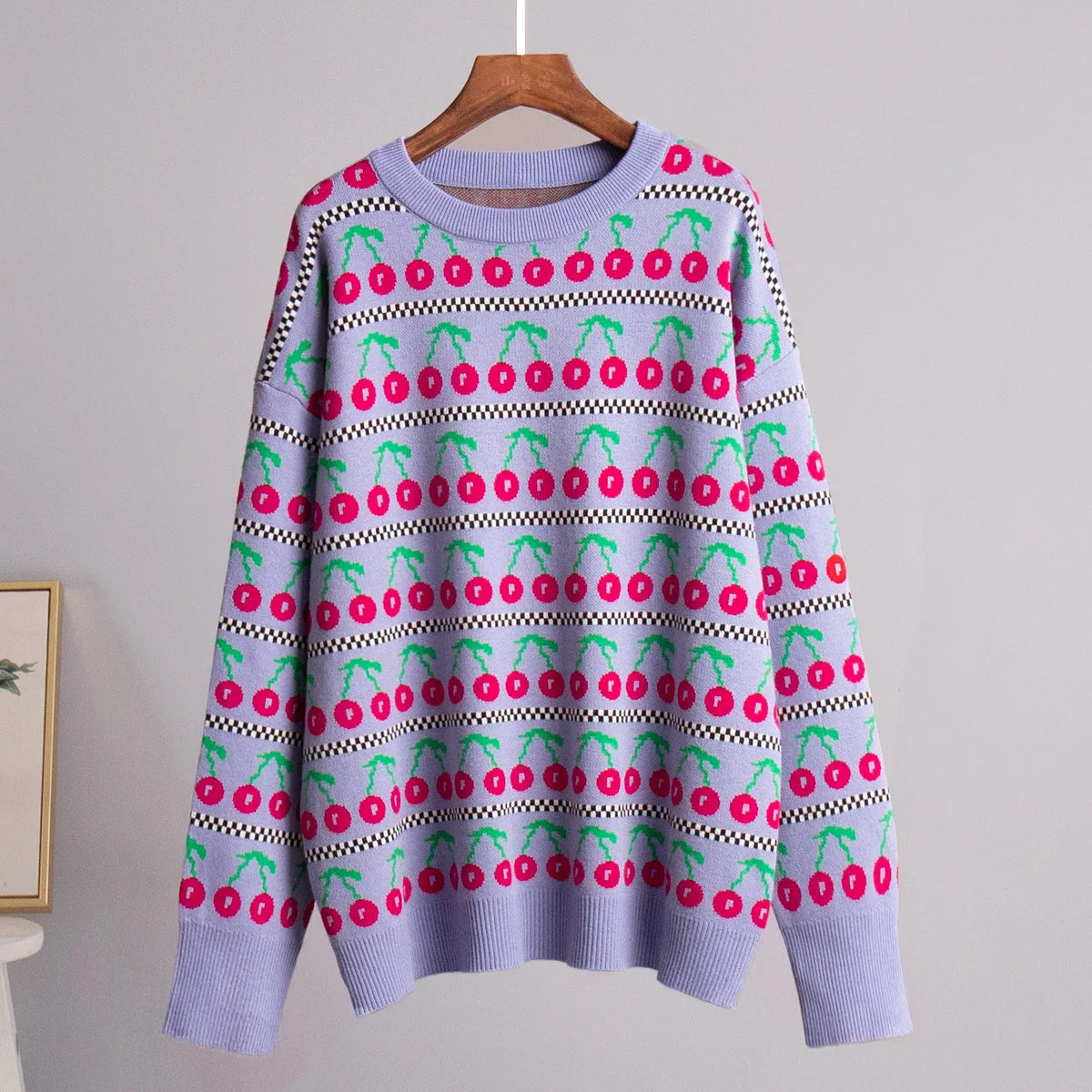Ingvn  Women's Round Neck Cherry Printed Sweater Autumn Winter New Mid Length Fashion Top Retro Knitted Sweater Pullover