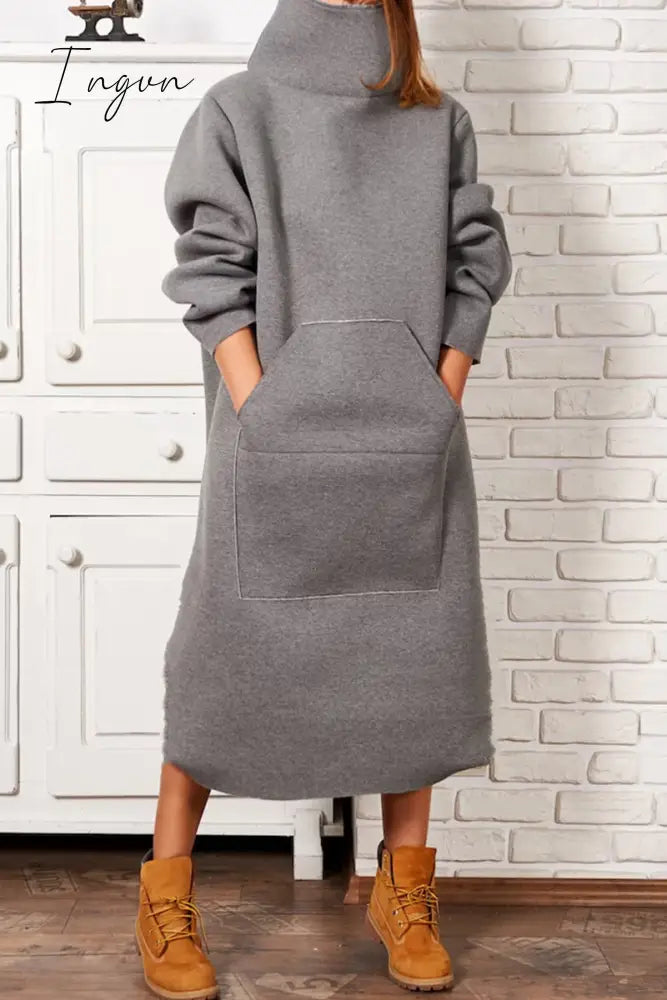 Ingvn - Casual Solid Pocket Turtleneck Long Sleeve Dresses