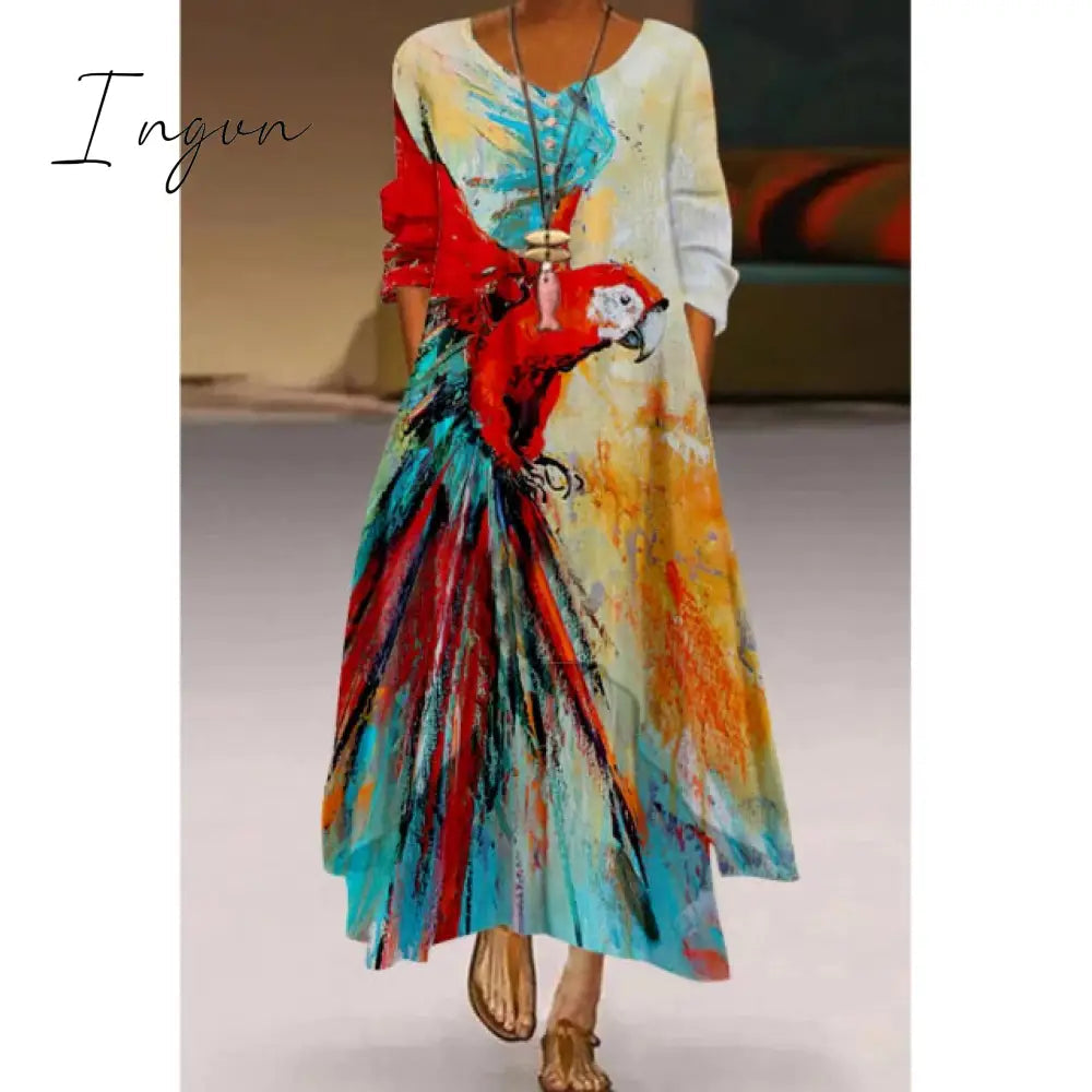 Ingvn - Fashion Summer Maxi Dress Women's Printed Sundress Casual Short Sleeve Vestidos Female High Waist Robe Femme midi elbise