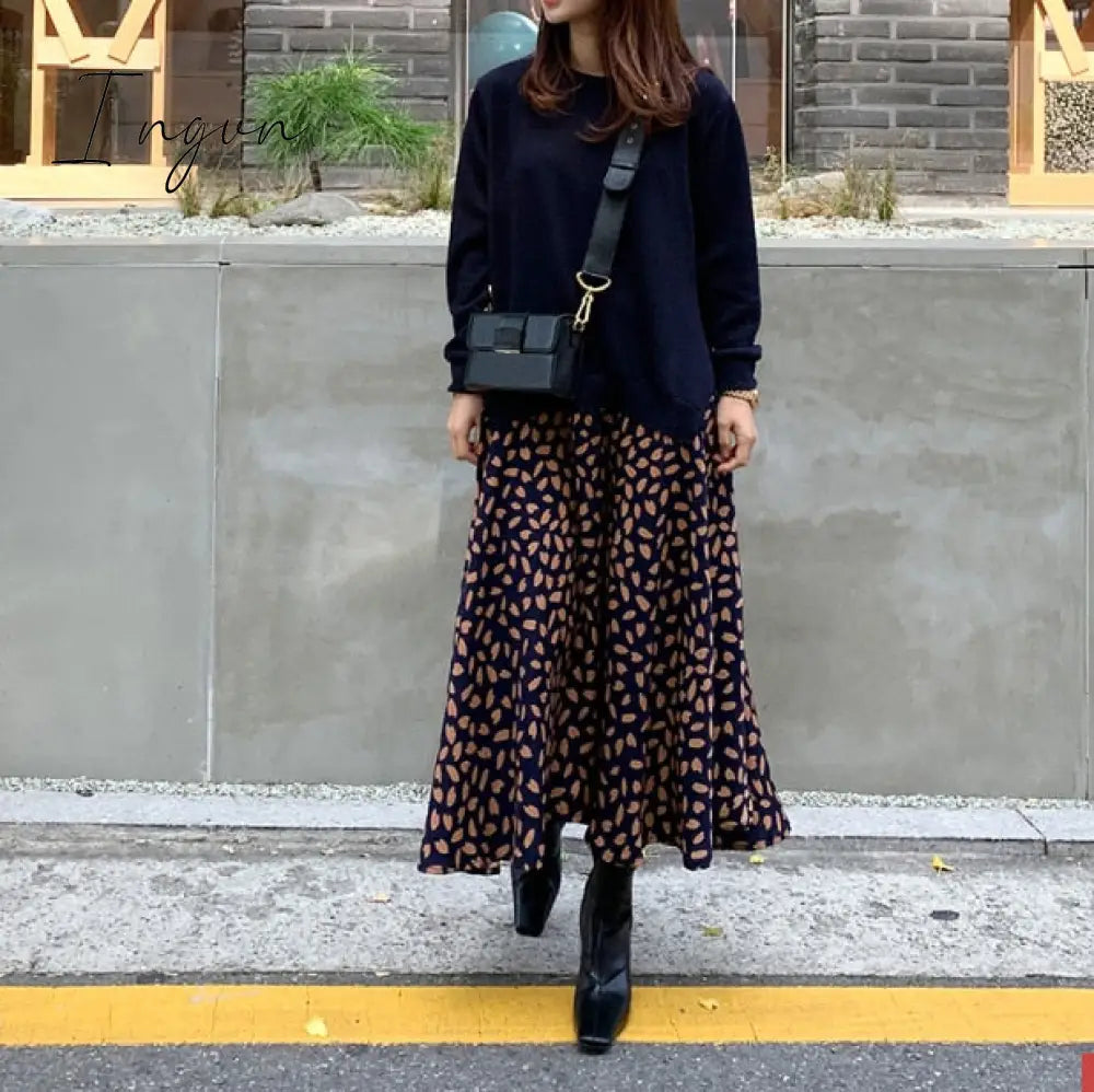 Ingvn - Autumn Women Plus Size XL-5XL Ladies Long Sleeve T-Shirt Dress Patchwork Print Robe Fake Two Piece Dress D08108R