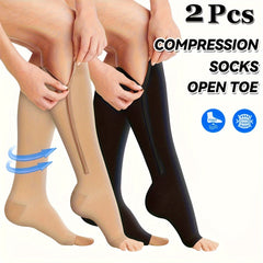 2 Pairs Compression Socks For Running, And Athletics - Open Toe, Zipper Closure, Thermal