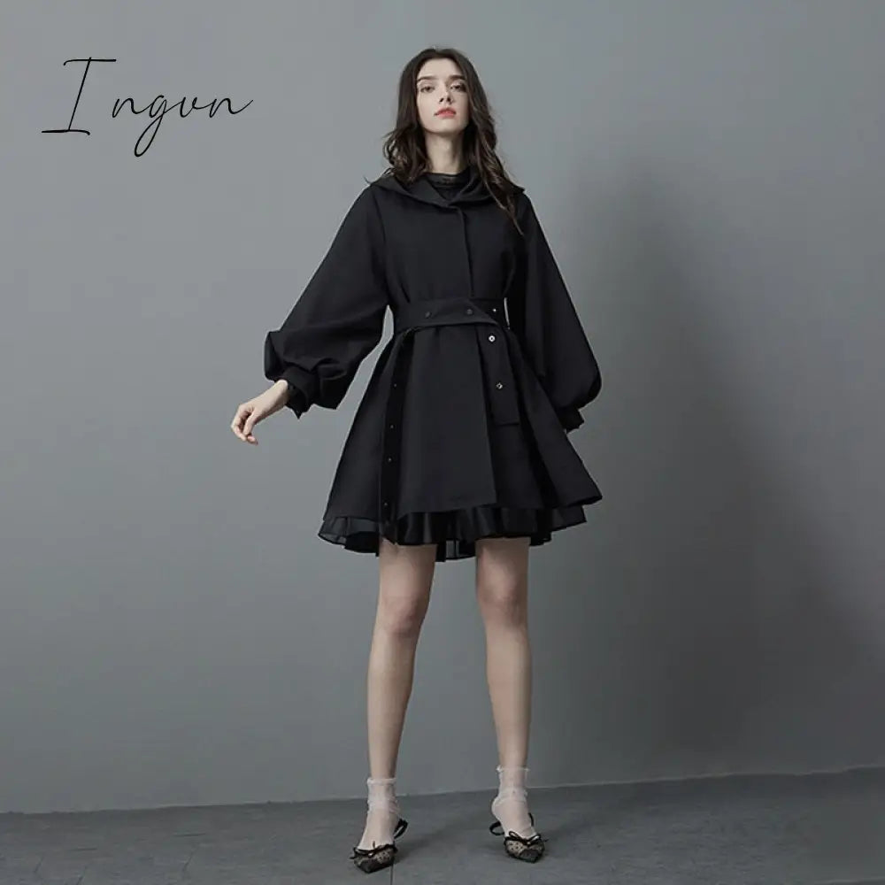 Ingvn - Spring Flowy Sweet Cute Casual Soft White Trench Coat for Women with Hood Lantern Sleeve Fall 2023 Fashion Clothing