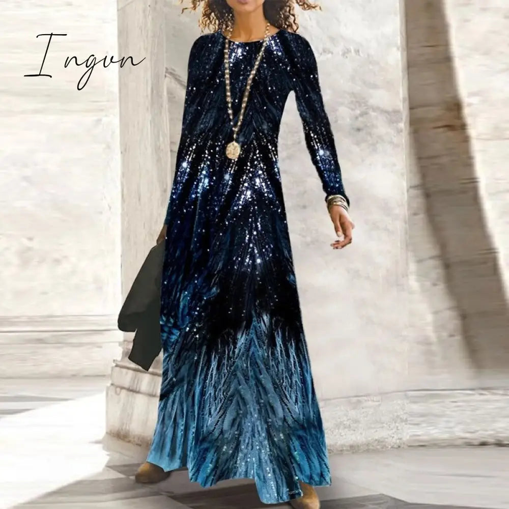 Ingvn - Fashion Shiny Long Office Lady Party Dress Women Vintage Round Neck Long Sleeve Maxi Dress Autumn Slim Boho Spring Dresses