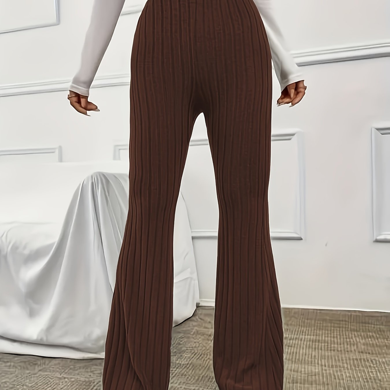 Elegant Ribbed Polyester Long Pants - High Elasticity, Solid Chic, Easy Care, Perfect for Spring & Fall