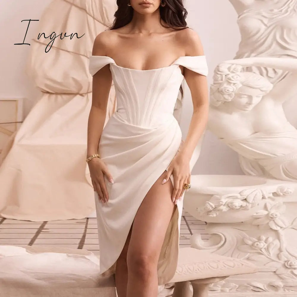 Ingvn - Off Shoulder Sexy Strapless Split Corset Satin Dresses Fashion Bodycon Dress Women Party Night Club Elegant