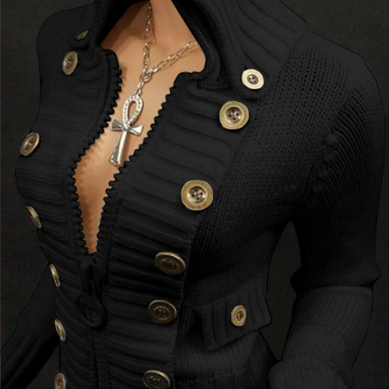 Voguable Vintage Sweater Women Button Desigan Long Sleeve Knitted Cardigan Jackets Autumn Fashion Knit Turtleneck Zipper Sweaters