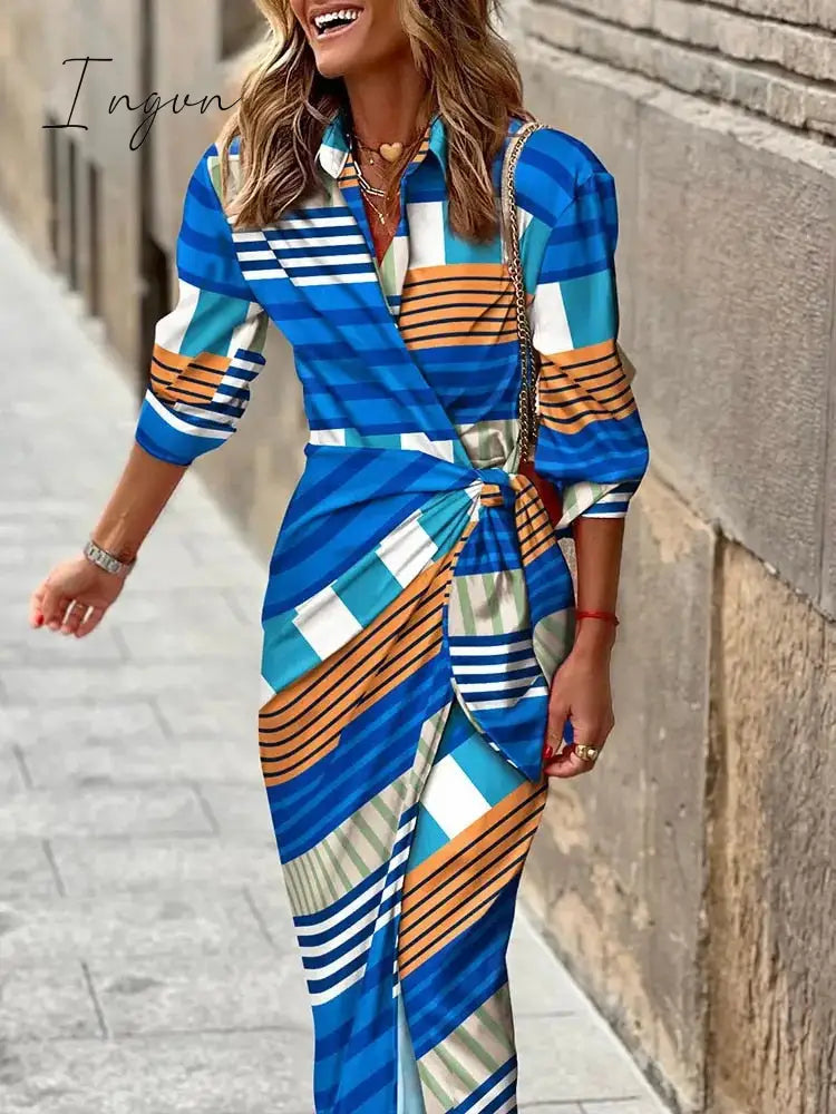 Ingvn - Ladies Elegant V-Neck Tie Waist Print Dress