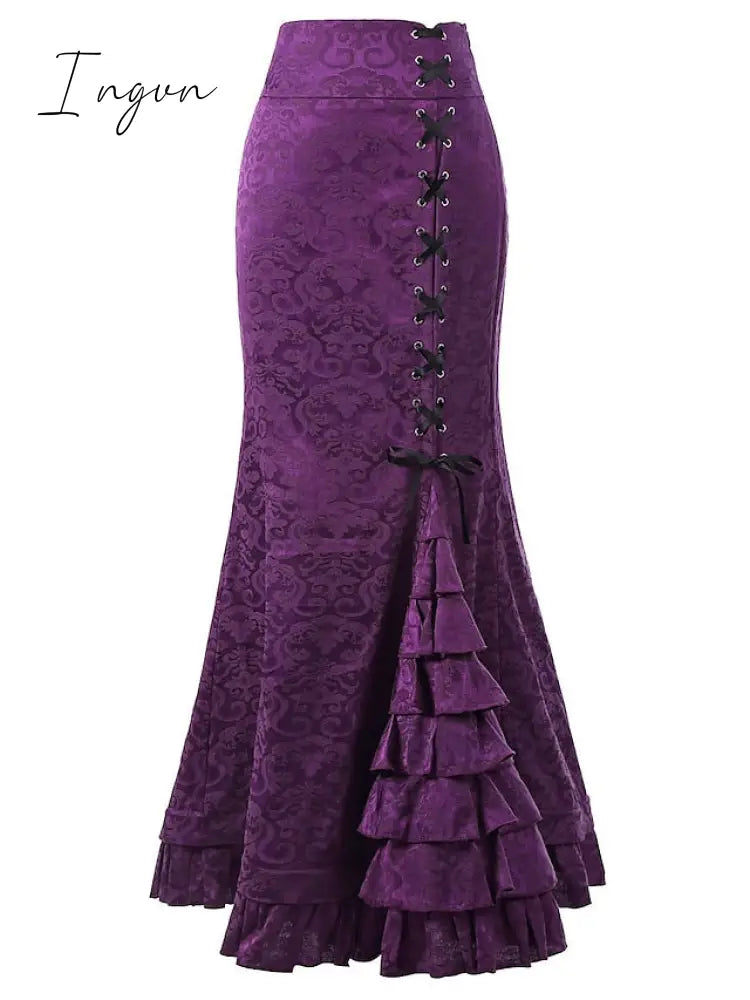 Ingvn - Women's Trumpet / Mermaid Long Skirt Maxi Polyester Black White Pink Red Skirts Summer Ruffle Layered Jacquard Without Lining Vintage Streetwear Movie / TV Theme Costumes Court Gown Halloween Carnival