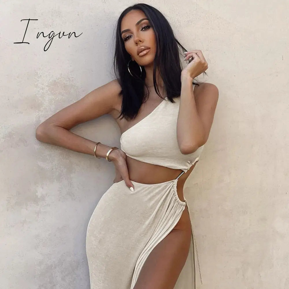 Ingvn - Sexy Asymmetric CutOut One Shoulder High Split Long Maxi Dresses for Women Fashion Party Vacation Outfits