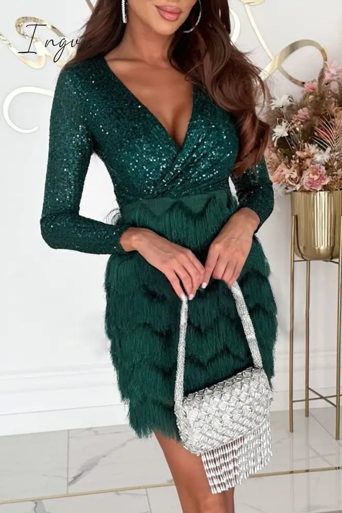 Ingvn - Sexy Solid Tassel Sequins V Neck Wrapped Skirt Dresses
