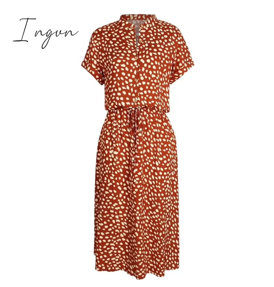Ingvn - Ladies Bohemian Leopard Print Shirt Dress Women Casual Midi Holiday Summer Dress Female A-line Loose Women Beach Dress Vestidos