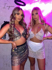 Ingvn - Sexy Crop Top Women Two Piece Set Festival Beach Club Outfits Party Tank Top T Shirt Woman Halter Rhinestones Tops Summer