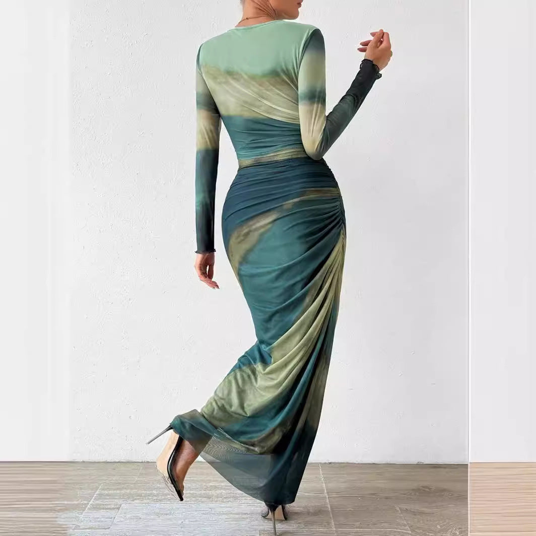 Fashion Mesh Printing Pleated Sexy Tight Split Crewneck dress