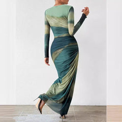 Fashion Mesh Printing Pleated Sexy Tight Split Crewneck dress