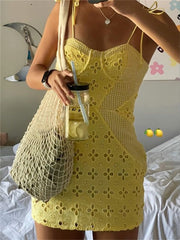 Voguable  Women Yellow Lace Trim Spaghetti Strap Bodycon Mini Dress Romantic Lady Backless Sleeveless Party Club Sexy Dress